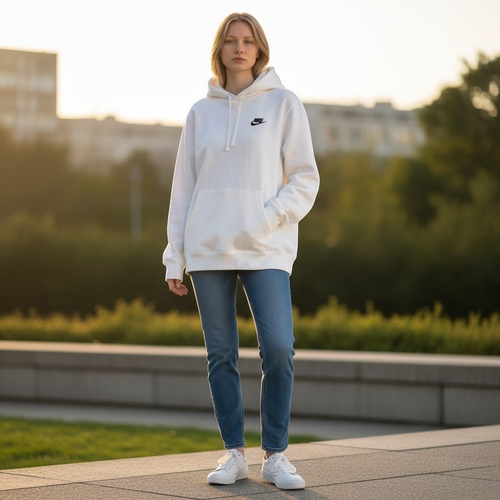 Nike Sportswear Club Fleece Hoodie Mens Large White Excellent Embroidered Logo
